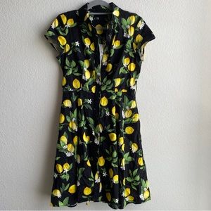 leslie fae lemon print floral button down midi dress size 8
